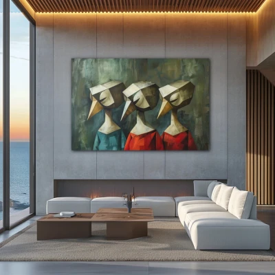 Wall Art titled: Harlequins in Silent Symphony in a  format with: Grey, Red, and Green Colors; Decoration the Above Couch wall