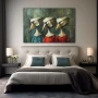 Wall Art titled: Harlequins in Silent Symphony in a Horizontal format with: Grey, Red, and Green Colors; Decoration the Bedroom wall