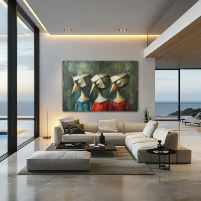 Wall Art titled: Harlequins in Silent Symphony in a  format with: Grey, Red, and Green Colors; Decoration the Living Room wall