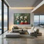 Wall Art titled: Harlequins in Silent Symphony in a Horizontal format with: Grey, Red, and Green Colors; Decoration the Living Room wall