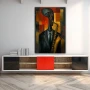 Wall Art titled: Midnight Jazz in a Vertical format with: Mustard, Black, and Red Colors; Decoration the Sideboard wall