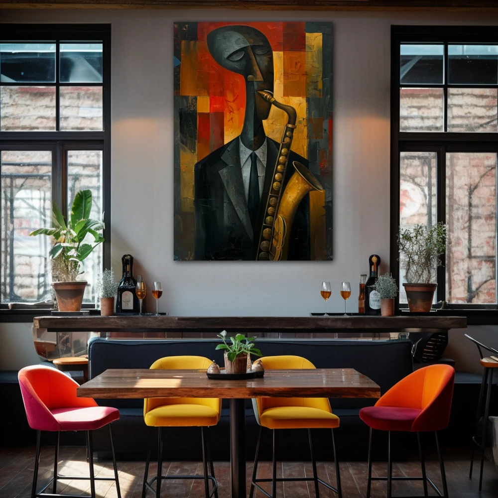 Cuadro jazz de medianoche en formato vertical con colores mostaza, negro, rojo; decorando pared de bar