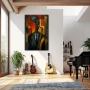 Wall Art titled: Midnight Jazz in a Vertical format with: Mustard, Black, and Red Colors; Decoration the Living Room wall