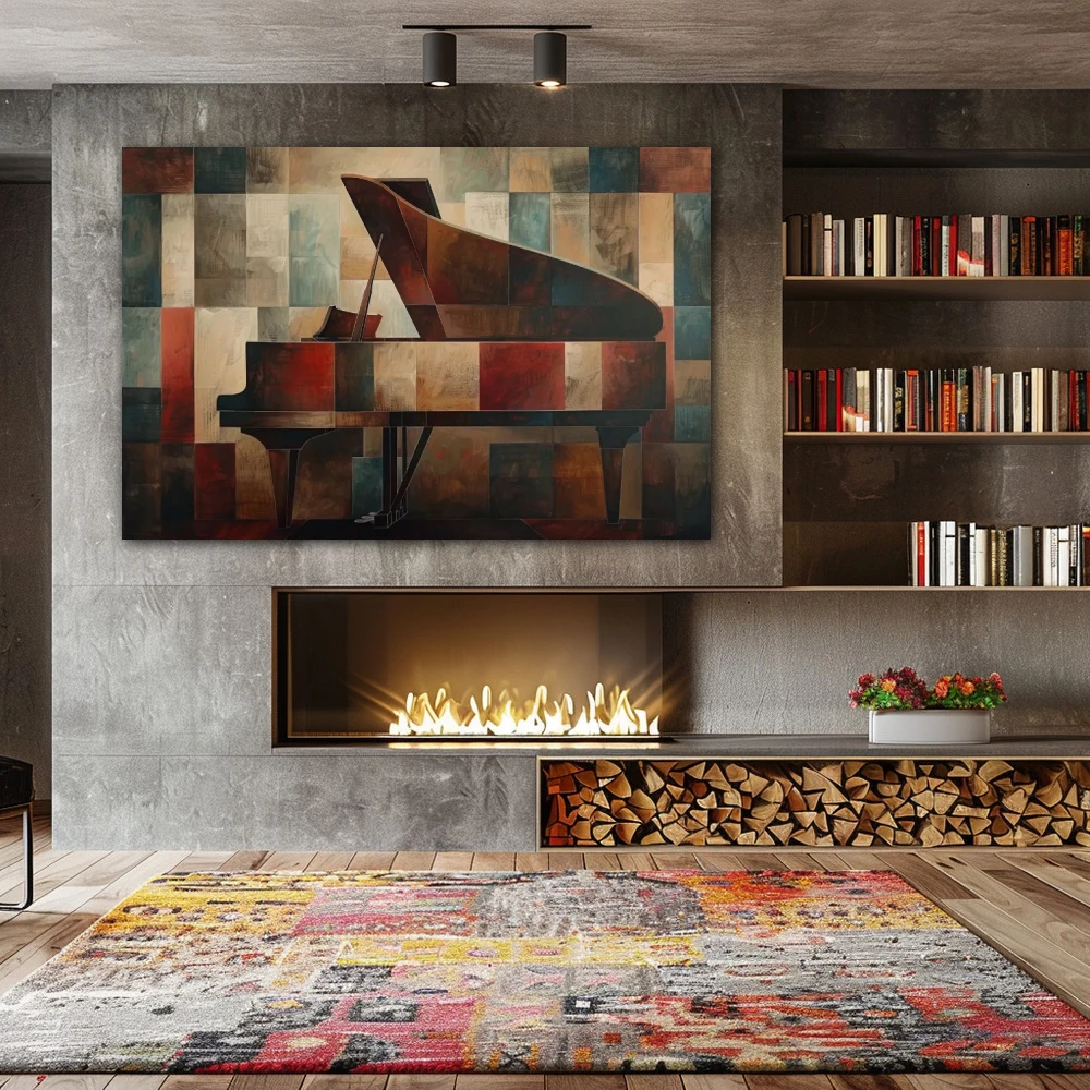Wall Art titled: Harmony of Hidden Tempos in a Horizontal format with: Brown, and Red Colors; Decoration the Fireplace wall