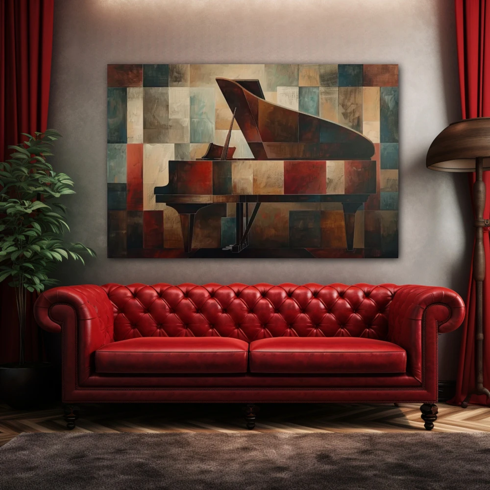 Cuadro armonía de tempos ocultos en formato horizontal con colores marrón, rojo; decorando pared de encima del sofá