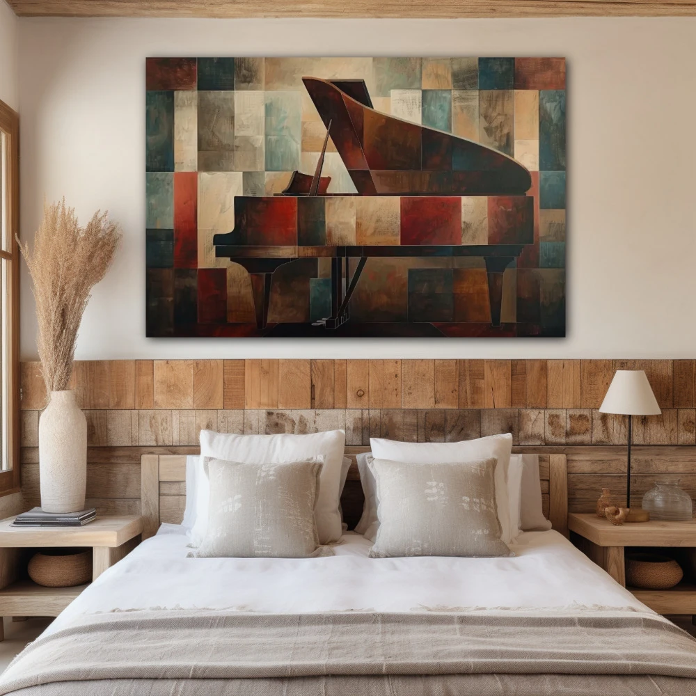 Cuadro armonía de tempos ocultos en formato horizontal con colores marrón, rojo; decorando pared de habitación dormitorio