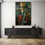 Wall Art titled: Figures of Jazz in a Vertical format with: Blue, Brown, and Red Colors; Decoration the Sideboard wall