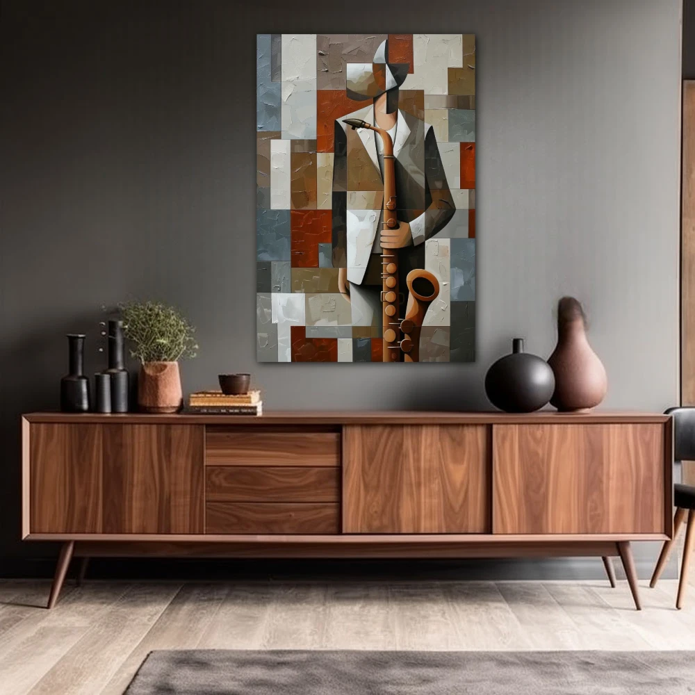Wall Art titled: Fractured Compass in a Vertical format with: Grey, and Brown Colors; Decoration the Sideboard wall