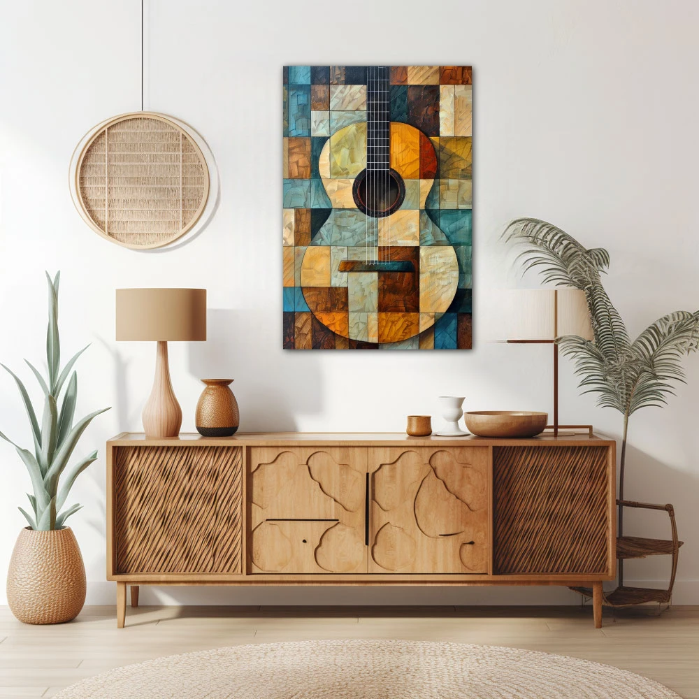 Wall Art titled: Arpeggios of Amber in a Vertical format with: Sky blue, and Brown Colors; Decoration the Sideboard wall