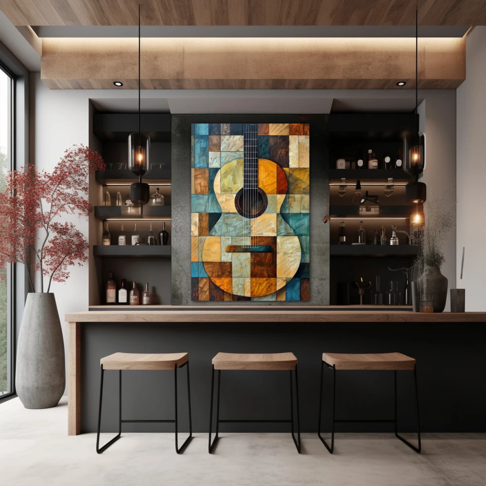 Cuadro arpegios de Ámbar en formato vertical con colores celeste, marrón; decorando pared de bar