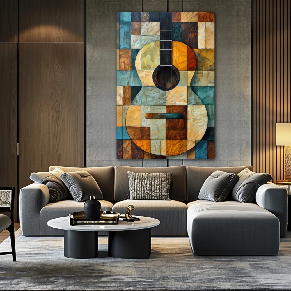 Cuadro arpegios de Ámbar en formato vertical con colores celeste, marrón; decorando pared de encima del sofá