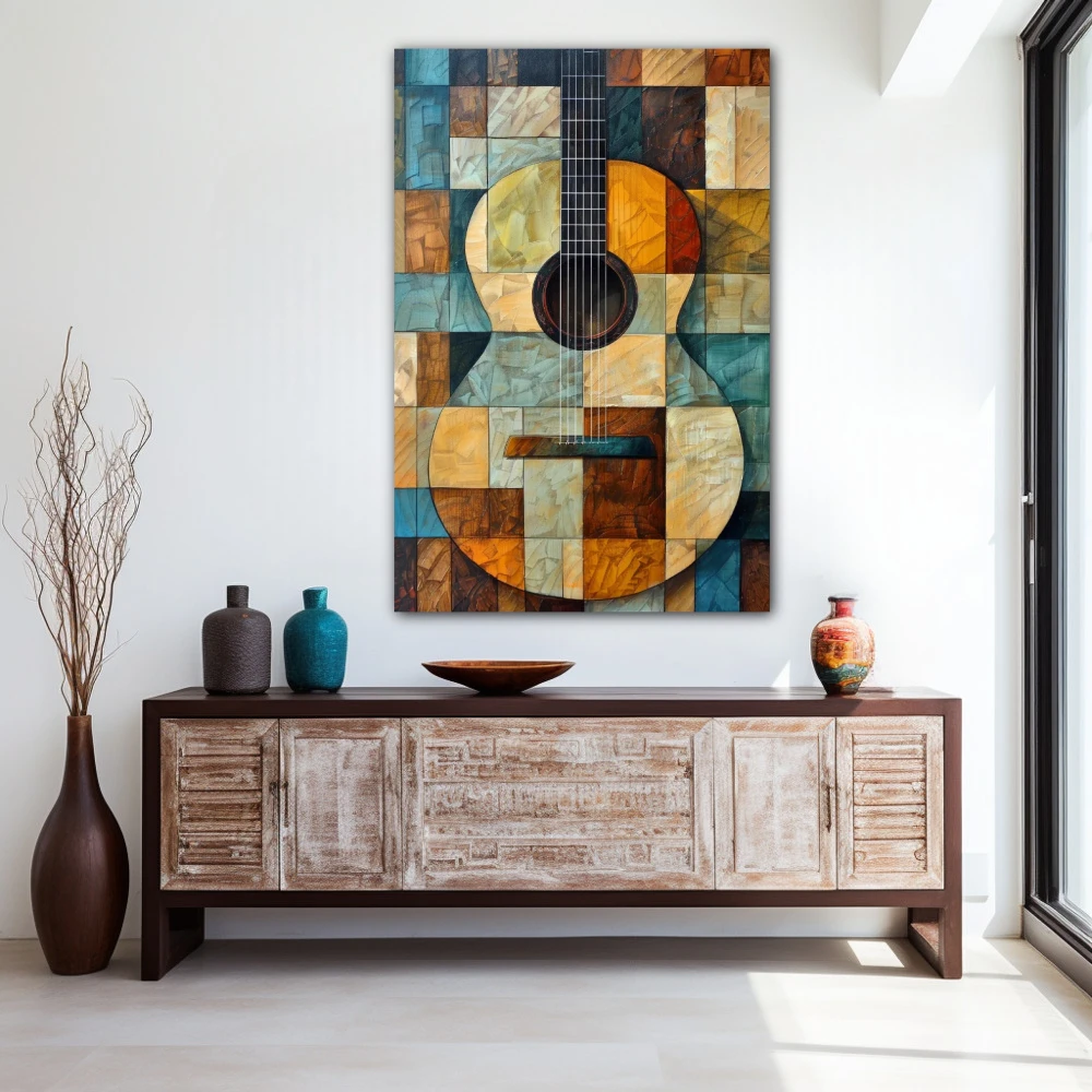 Wall Art titled: Arpeggios of Amber in a Vertical format with: Sky blue, and Brown Colors; Decoration the Entryway wall