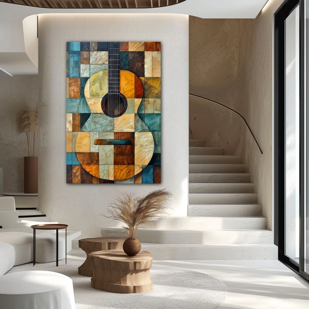 Wall Art titled: Arpeggios of Amber in a Vertical format with: Sky blue, and Brown Colors; Decoration the Staircase wall