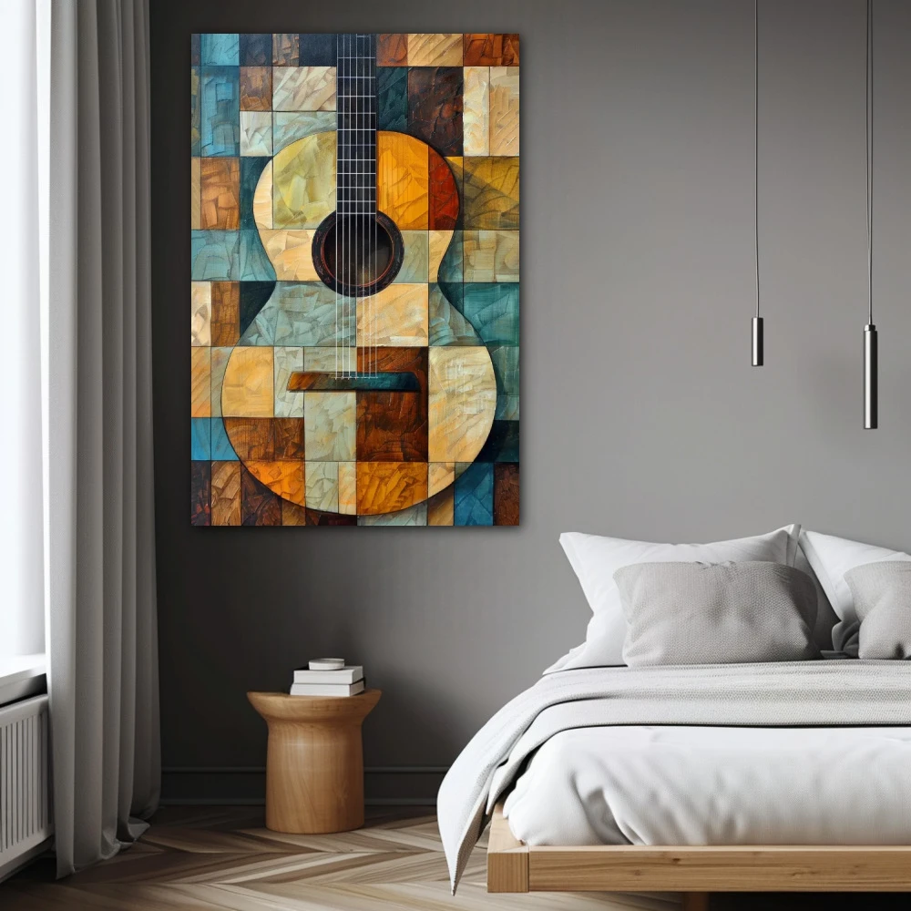 Cuadro arpegios de Ámbar en formato vertical con colores celeste, marrón; decorando pared de habitación dormitorio