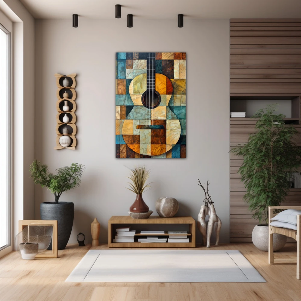 Wall Art titled: Arpeggios of Amber in a Vertical format with: Sky blue, and Brown Colors; Decoration the Hallway wall