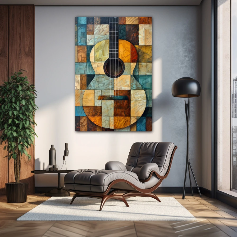 Wall Art titled: Arpeggios of Amber in a Vertical format with: Sky blue, and Brown Colors; Decoration the Living Room wall