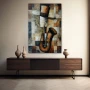 Wall Art titled: Abstract Jazz in a Vertical format with: Grey, and Brown Colors; Decoration the Sideboard wall