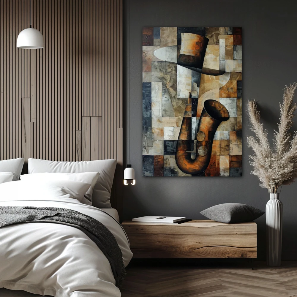 Cuadro jazz abstracto en formato vertical con colores gris, marrón; decorando pared de habitación dormitorio