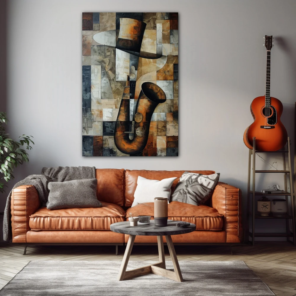 Wall Art titled: Abstract Jazz in a Vertical format with: Grey, and Brown Colors; Decoration the Living Room wall