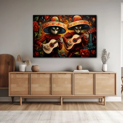 Wall Art titled: Acouctic Duo in a Horizontal format with: Orange, and Red Colors; Decoration the Sideboard wall