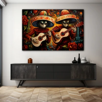 Wall Art titled: Acouctic Duo in a Horizontal format with: Orange, and Red Colors; Decoration the Sideboard wall