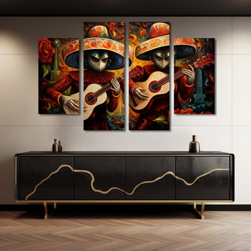 Wall Art titled: Acouctic Duo in a Horizontal format with: Orange, and Red Colors; Decoration the Sideboard wall