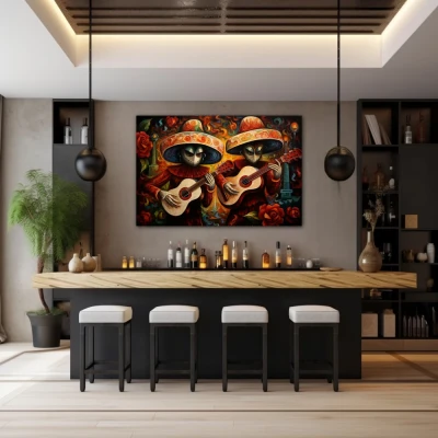 Wall Art titled: Acouctic Duo in a Horizontal format with: Orange, and Red Colors; Decoration the Bar wall