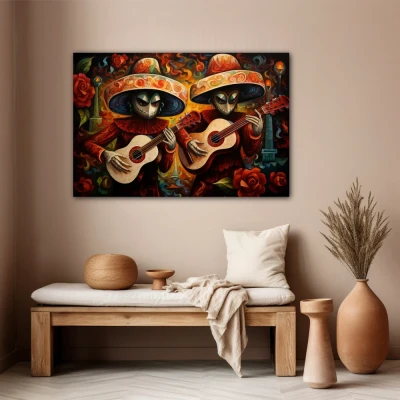 Wall Art titled: Acouctic Duo in a  format with: Orange, and Red Colors; Decoration the Beige Wall wall