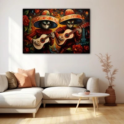Wall Art titled: Acouctic Duo in a  format with: Orange, and Red Colors; Decoration the Beige Wall wall