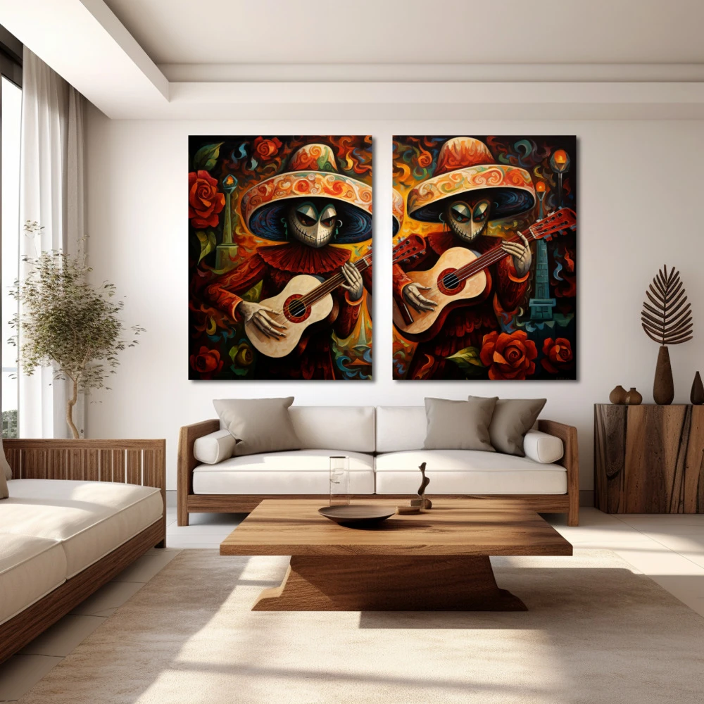 Wall Art titled: Acouctic Duo in a Horizontal format with: Orange, and Red Colors; Decoration the White Wall wall