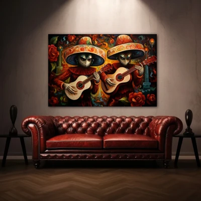 Wall Art titled: Acouctic Duo in a Horizontal format with: Orange, and Red Colors; Decoration the Above Couch wall