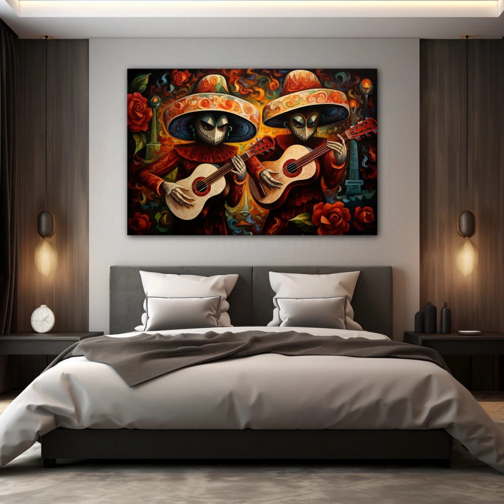 Cuadro duo acoustic en formato horizontal con colores naranja, rojo; decorando pared de habitación dormitorio