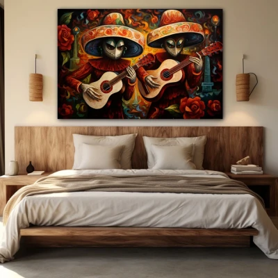 Wall Art titled: Acouctic Duo in a  format with: Orange, and Red Colors; Decoration the Bedroom wall