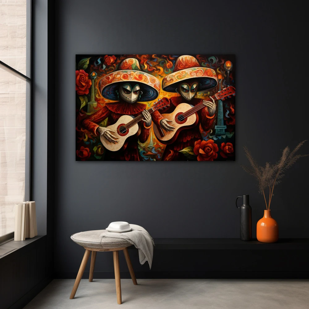 Cuadro duo acoustic en formato horizontal con colores naranja, rojo; decorando pared negra