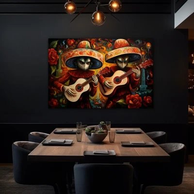 Wall Art titled: Acouctic Duo in a Horizontal format with: Orange, and Red Colors; Decoration the Black Walls wall