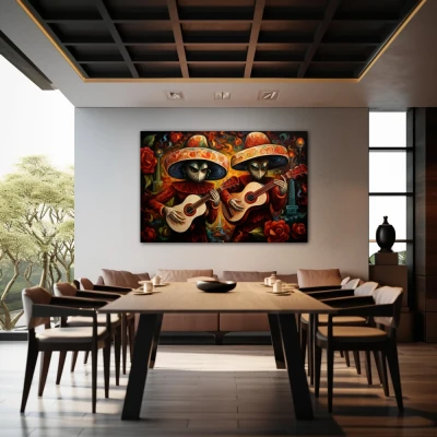 Wall Art titled: Acouctic Duo in a  format with: Orange, and Red Colors; Decoration the Restaurant wall