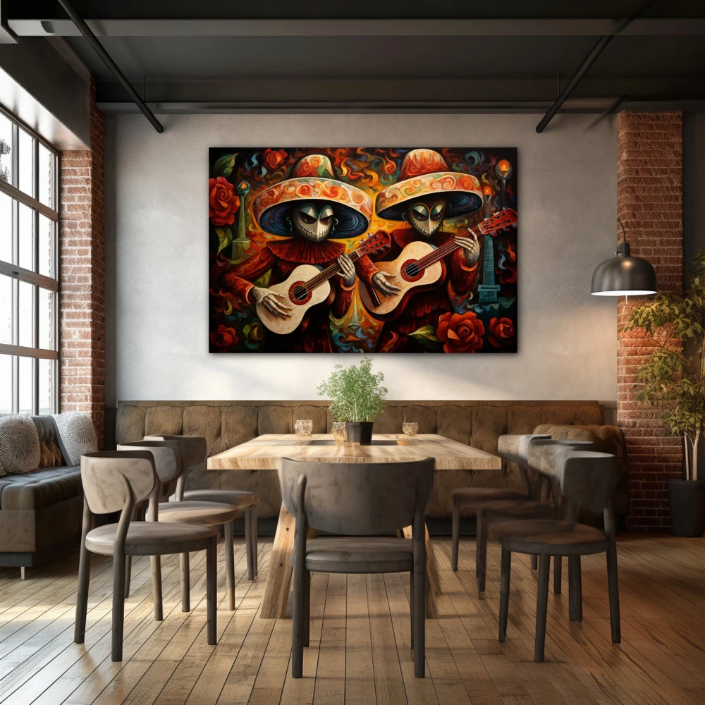 Wall Art titled: Acouctic Duo in a Horizontal format with: Orange, and Red Colors; Decoration the Restaurant wall