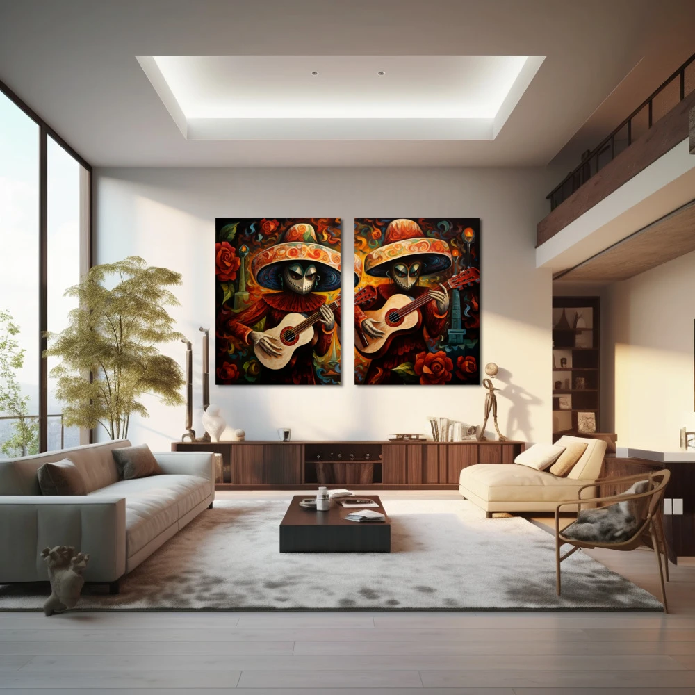 Cuadro duo acoustic en formato díptico con colores naranja, rojo; decorando pared de salón comedor
