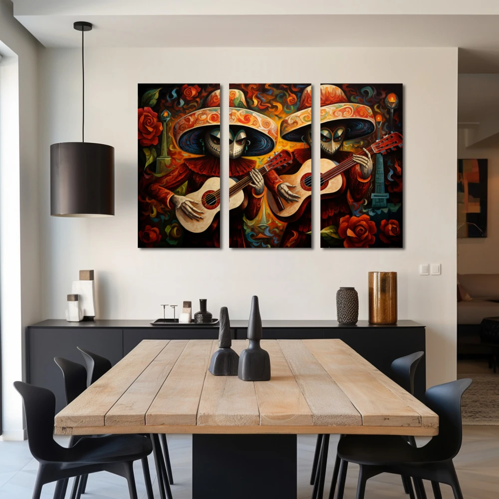 Cuadro duo acoustic en formato tríptico con colores naranja, rojo; decorando pared de salón comedor