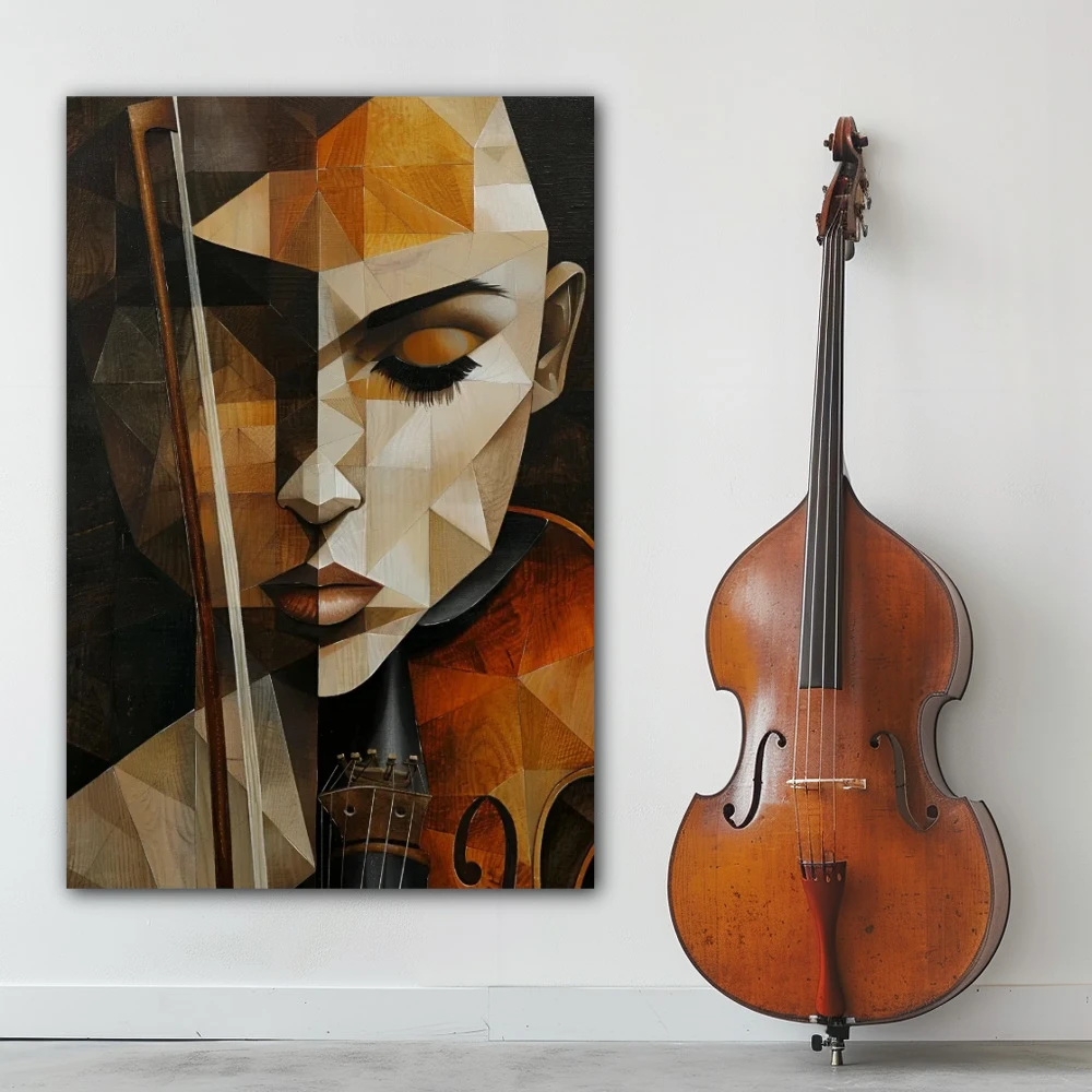 Cuadro violinista desfragmentada en formato vertical con colores gris, marrón; decorando pared blanca