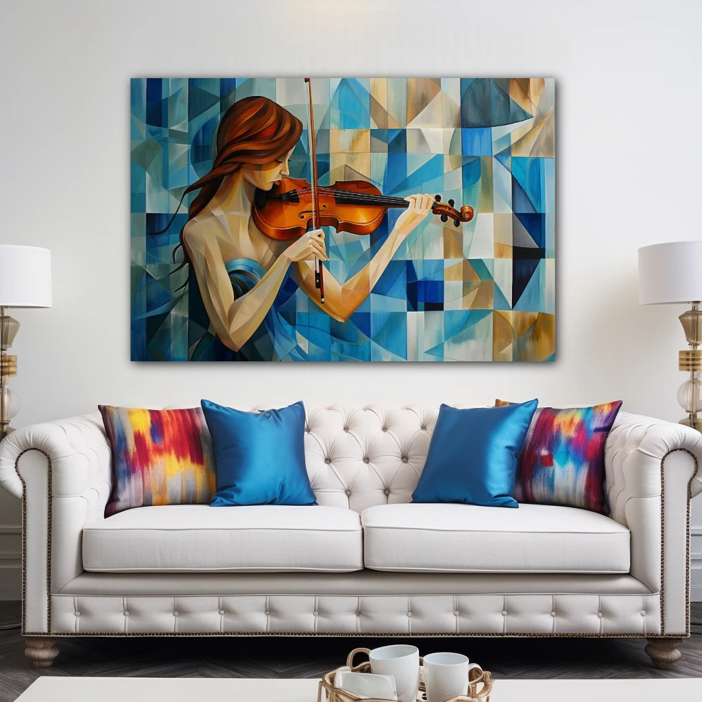 Cuadro geometría melódica en formato horizontal con colores azul, turquesa; decorando pared de encima del sofá