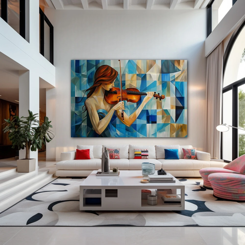 Cuadro geometría melódica en formato horizontal con colores azul, turquesa; decorando pared de salón comedor