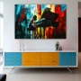 Wall Art titled: Fragmented Chords in a Horizontal format with: Blue, Red, and Vivid Colors; Decoration the Sideboard wall