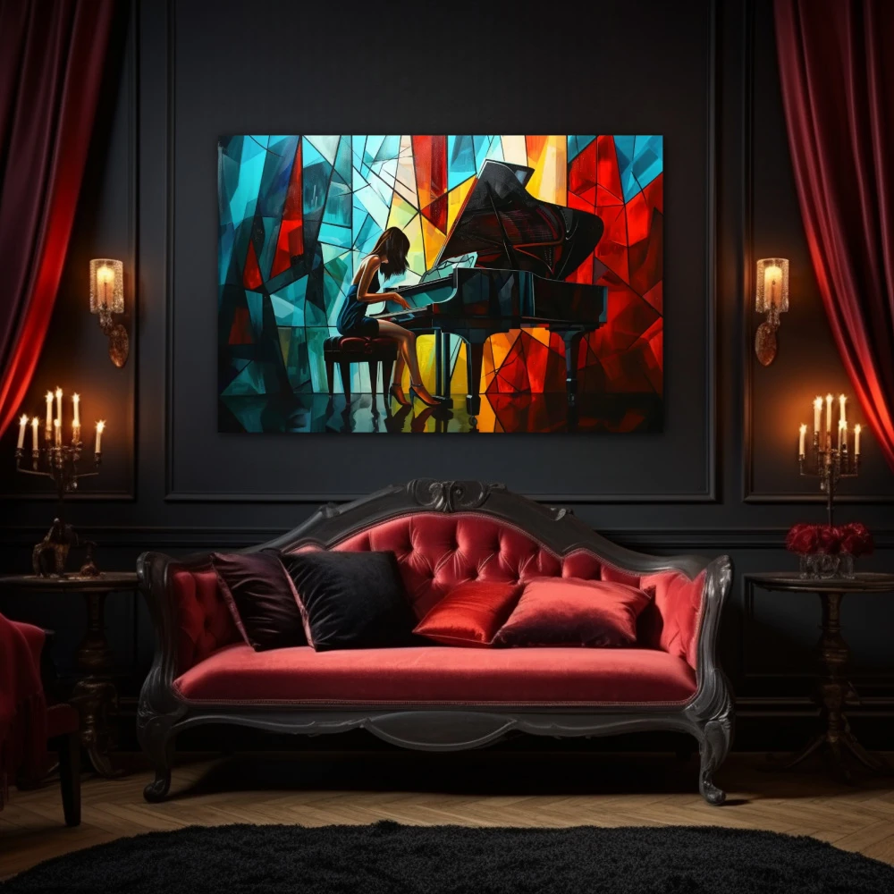 Cuadro acordes fragmentados en formato horizontal con colores azul, rojo, vivos; decorando pared de encima del sofá