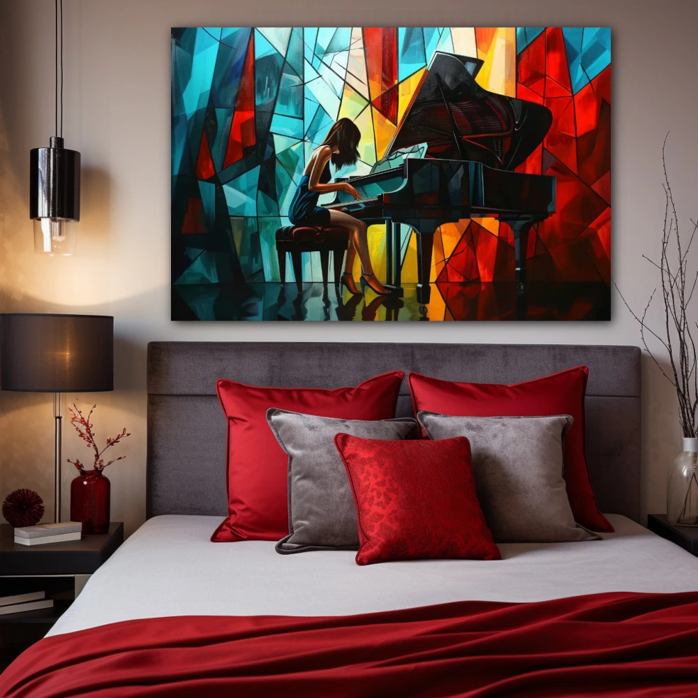 Cuadro acordes fragmentados en formato horizontal con colores azul, rojo, vivos; decorando pared de habitación dormitorio