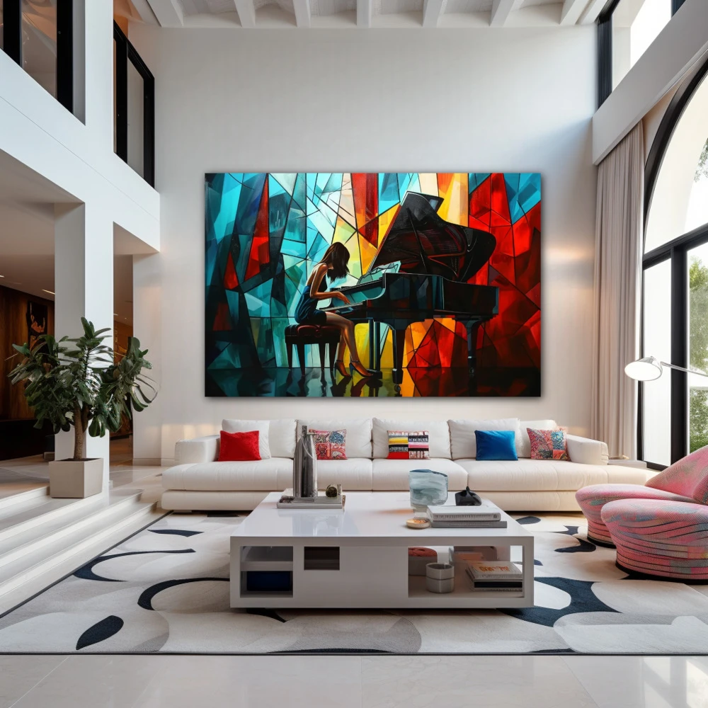 Wall Art titled: Fragmented Chords in a Horizontal format with: Blue, Red, and Vivid Colors; Decoration the Living Room wall