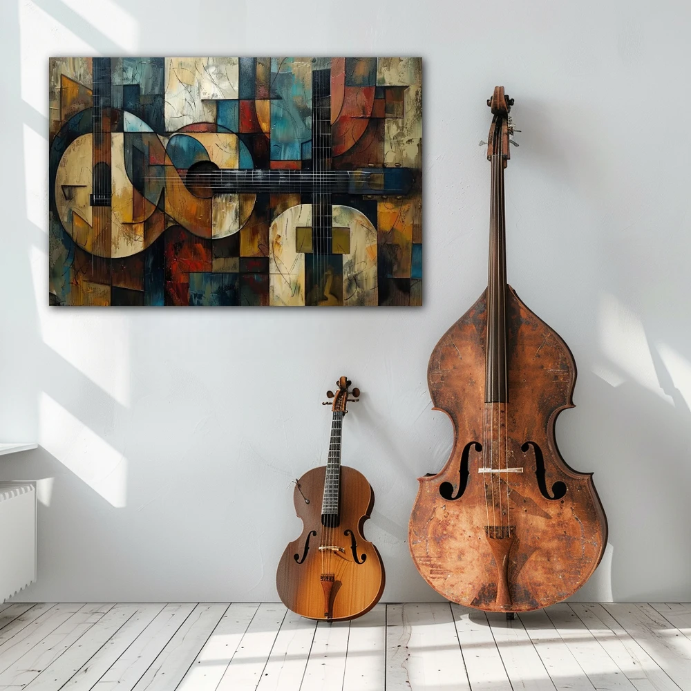 Wall Art titled: Fragmented Melody in a Horizontal format with: Blue, and Brown Colors; Decoration the White Wall wall