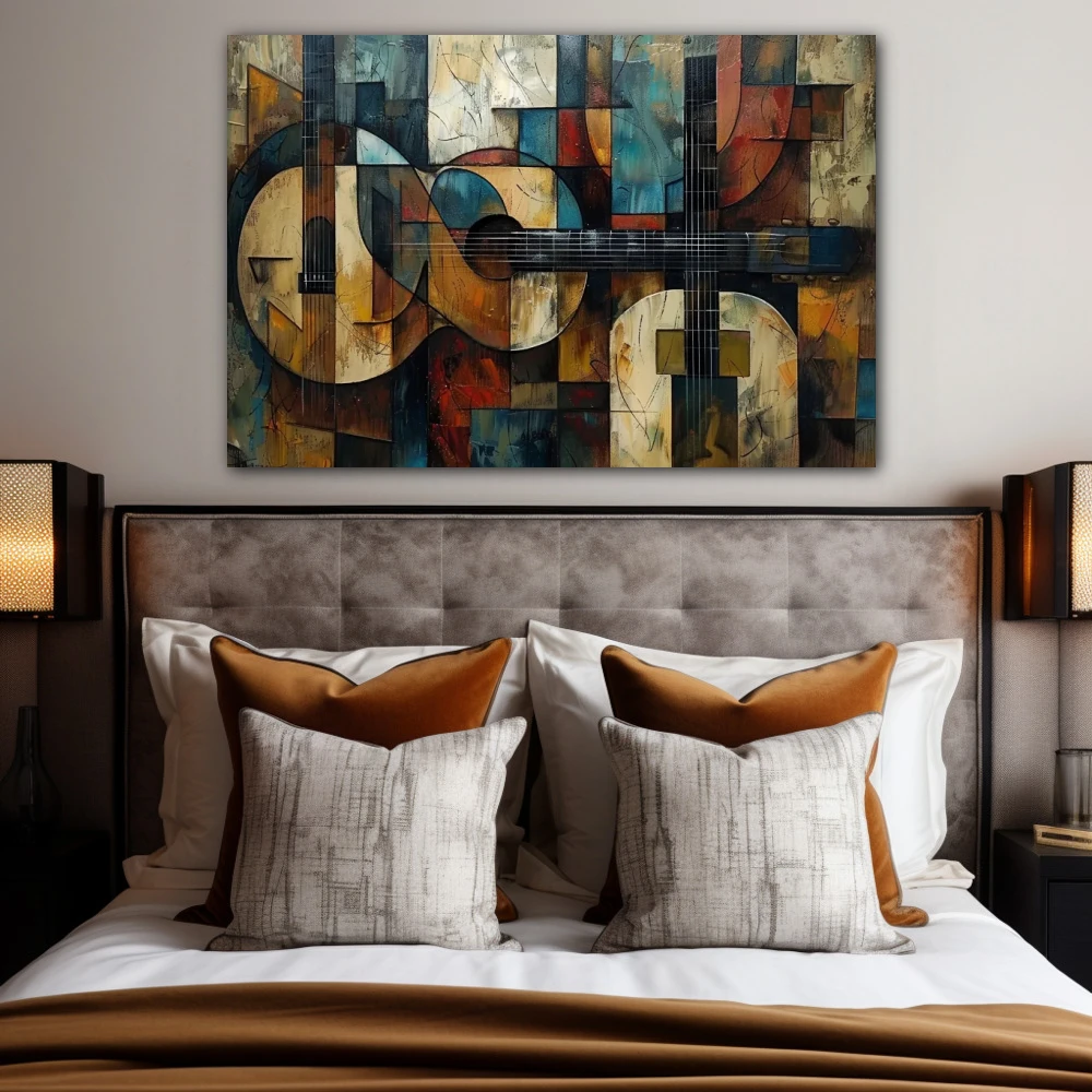 Cuadro melodía fragmentada en formato horizontal con colores azul, marrón; decorando pared de habitación dormitorio