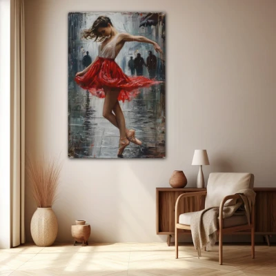 Wall Art titled: Crimson Reverie in a  format with: Grey, and Red Colors; Decoration the Beige Wall wall