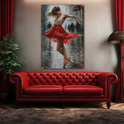 Cuadro Reverie Carmesí en formato vertical con colores Gris, Rojo; Decorando pared de Encima del Sofá